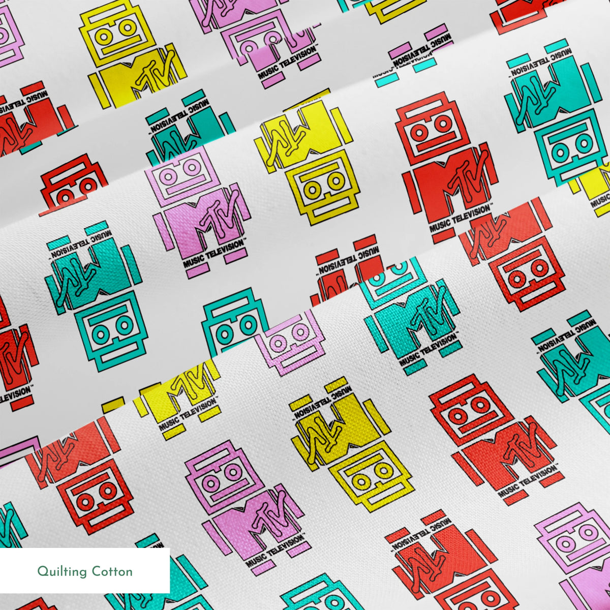 Paramount MTV Logo Robots on White Fabric