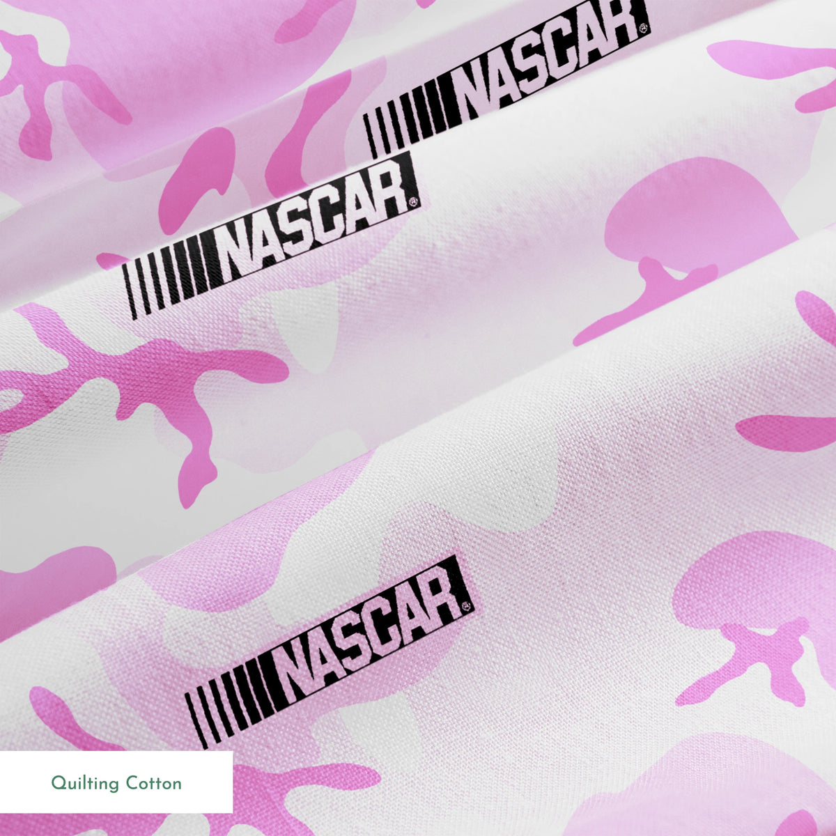 NASCAR® Retro Logo and Camo Toss on Pink Fabric