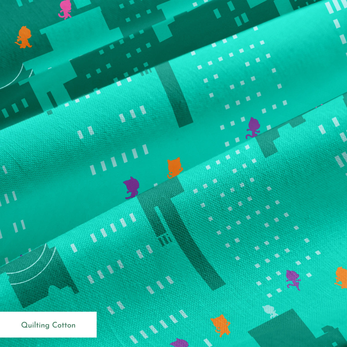 Disney Jr's. SuperKitties Super Skyline on Teal Fabric