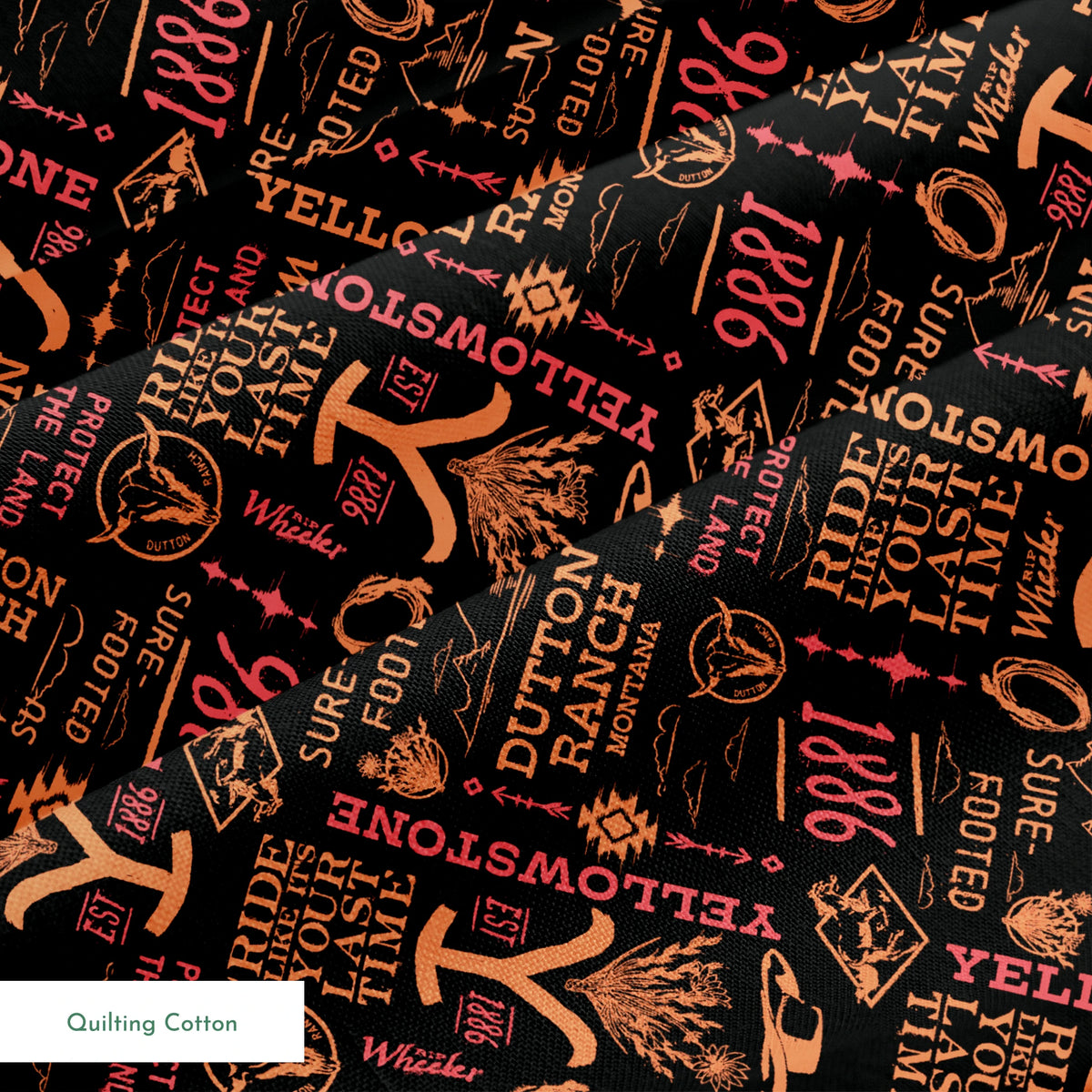 Paramount Yellowstone Verbiage Collage on Sunset Fabric