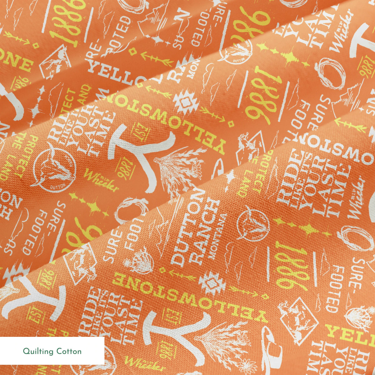 Paramount Yellowstone Verbiage Collage on Orange Fabric