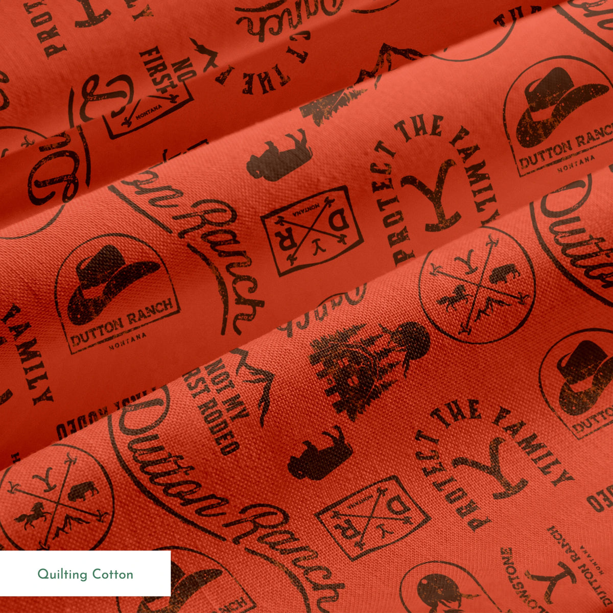Paramount Yellowstone Dutton Ranch Icons on Rust Fabric