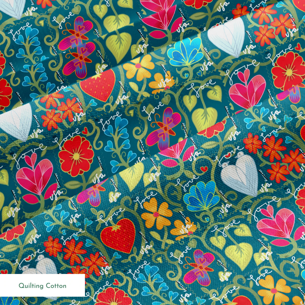USPS Love Floral Stamps on Teal Fabric