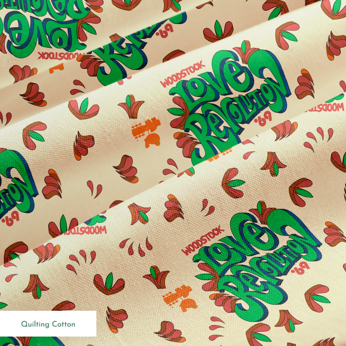 Woodstock Love Revolution on Tan Fabric