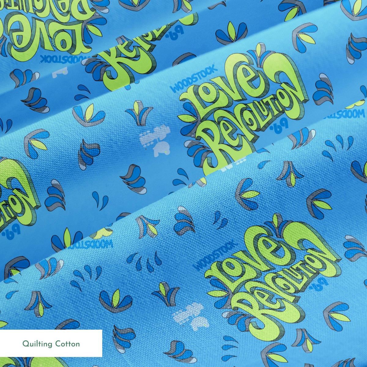 Woodstock Love Revolution on Blue Fabric