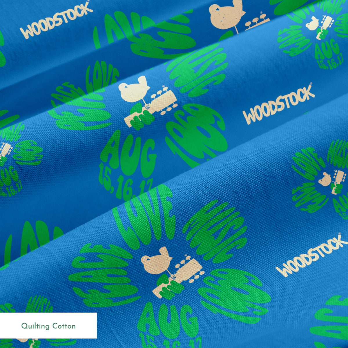 Woodstock Peace, Love, Music Florals on Blue Fabric
