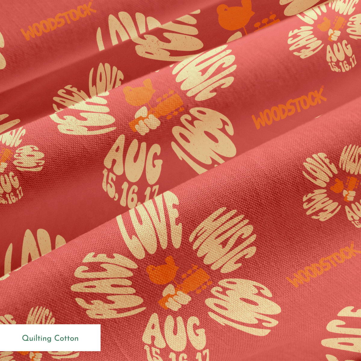 Woodstock Peace, Love, Music Florals on Rust Fabric