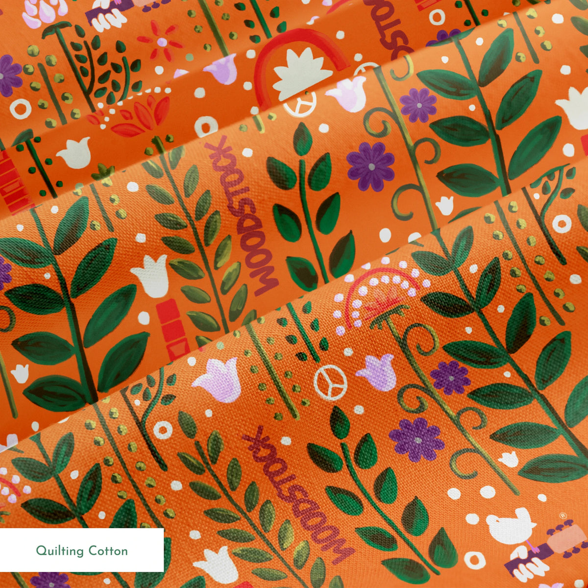 Woodstock Retro Greenery on Orange Fabric