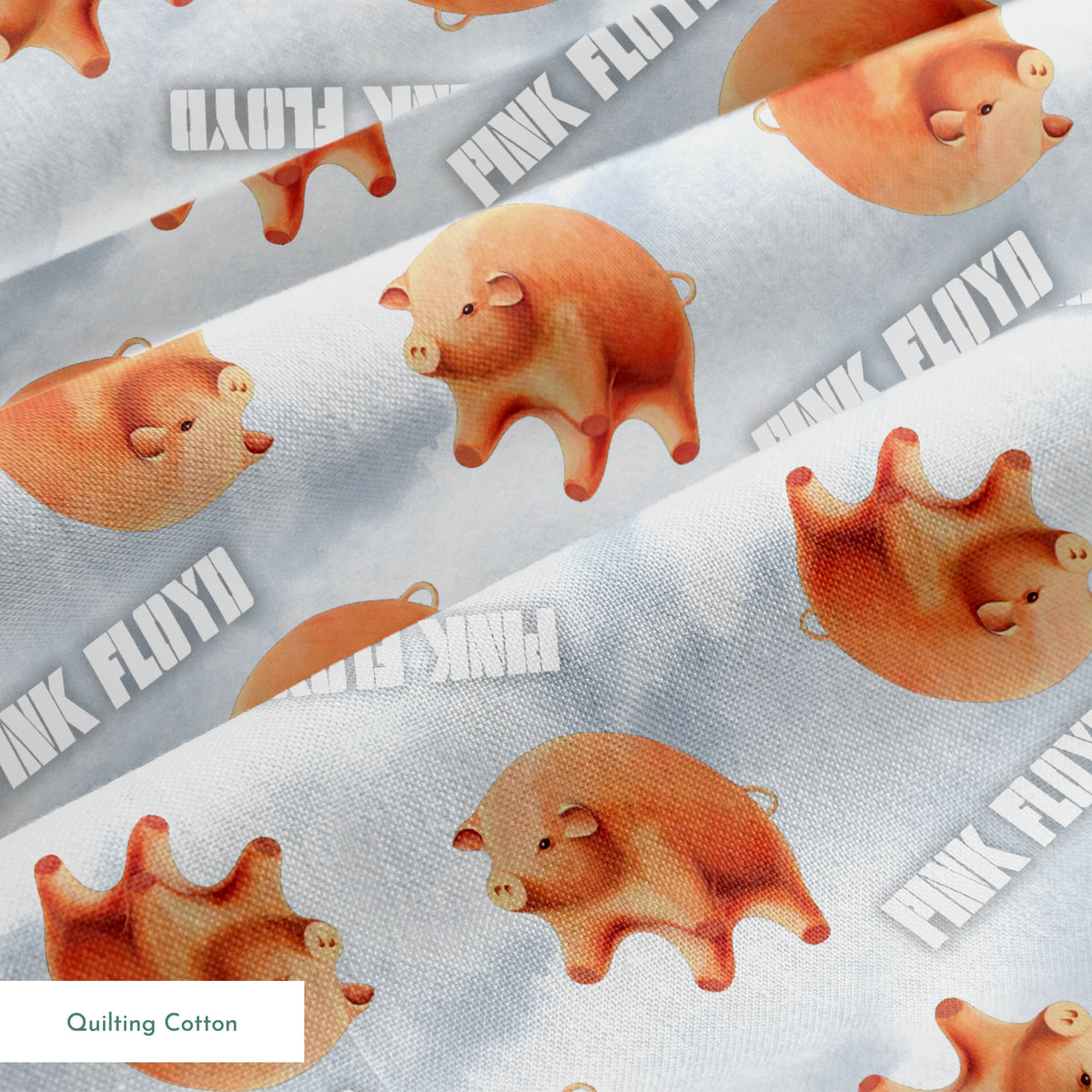 Pink Floyd Pigs on Gray Fabric