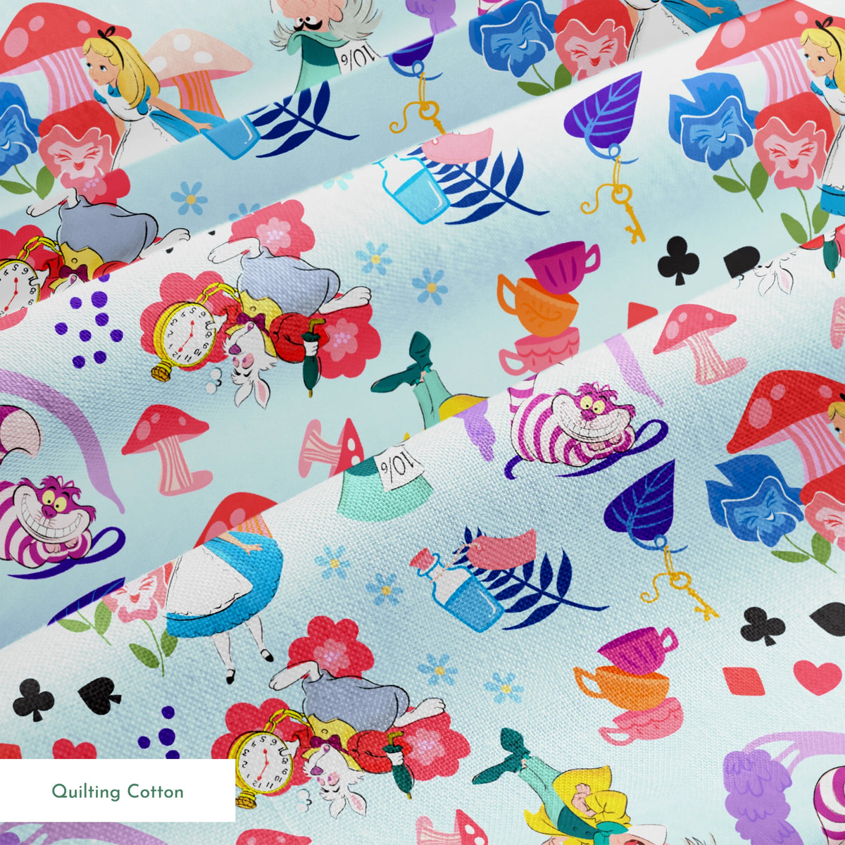 Disney Alice in Wonderland Wandering in Wonderland on Blue Fabric