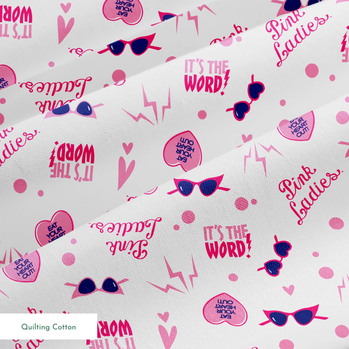 Paramount Grease Retro Pink Ladies Icons on White Fabric
