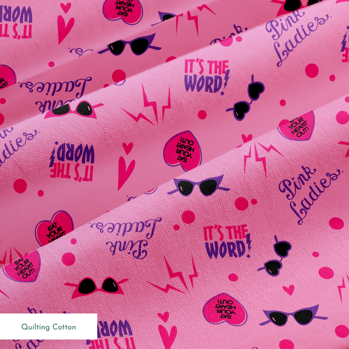 Paramount Grease Retro Pink Ladies Icons on Pink Fabric