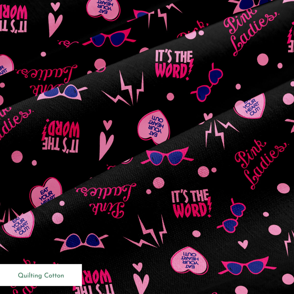Paramount Grease Retro Pink Ladies Icons on Black Fabric