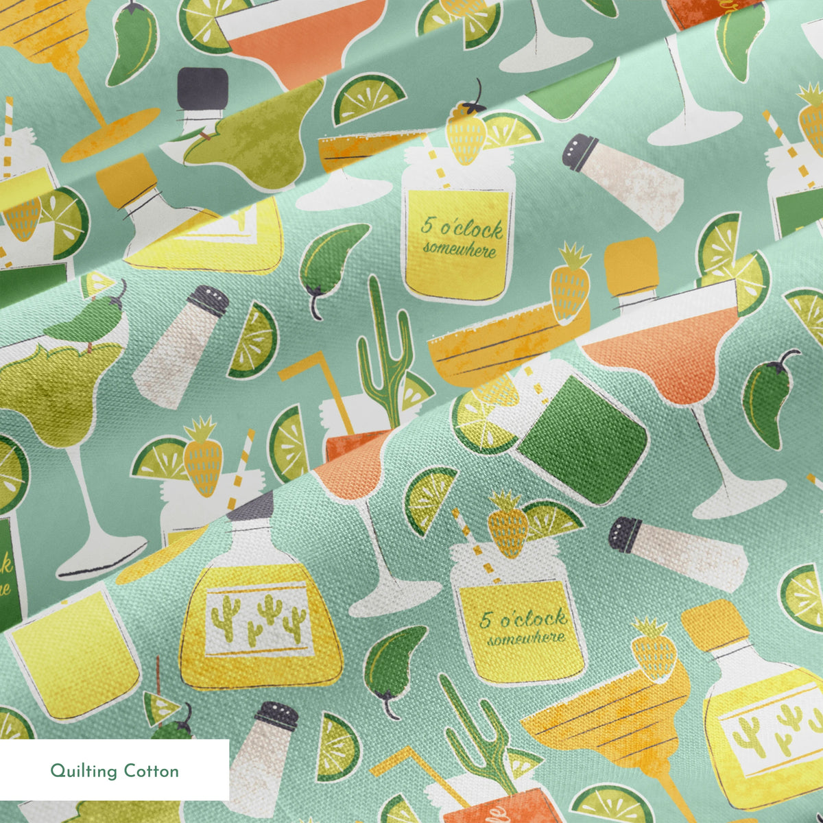 Colorful Margaritaville cocktail pattern with drinks, bottles, glasses, and lime slices on teal background
