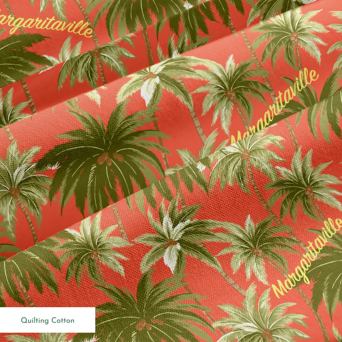 Tropical palm tree pattern on coral background with "Margaritaville" text in gold lettering