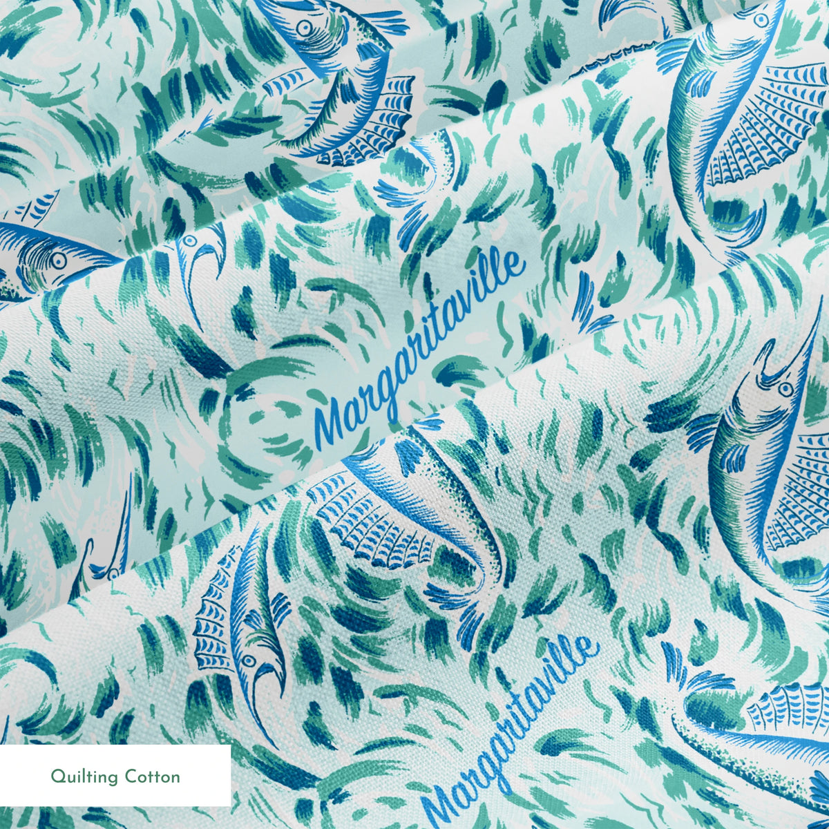 Abstract Margaritaville marbled pattern in teal, blue and white with swirling floral motifs and delicate wave-like designs