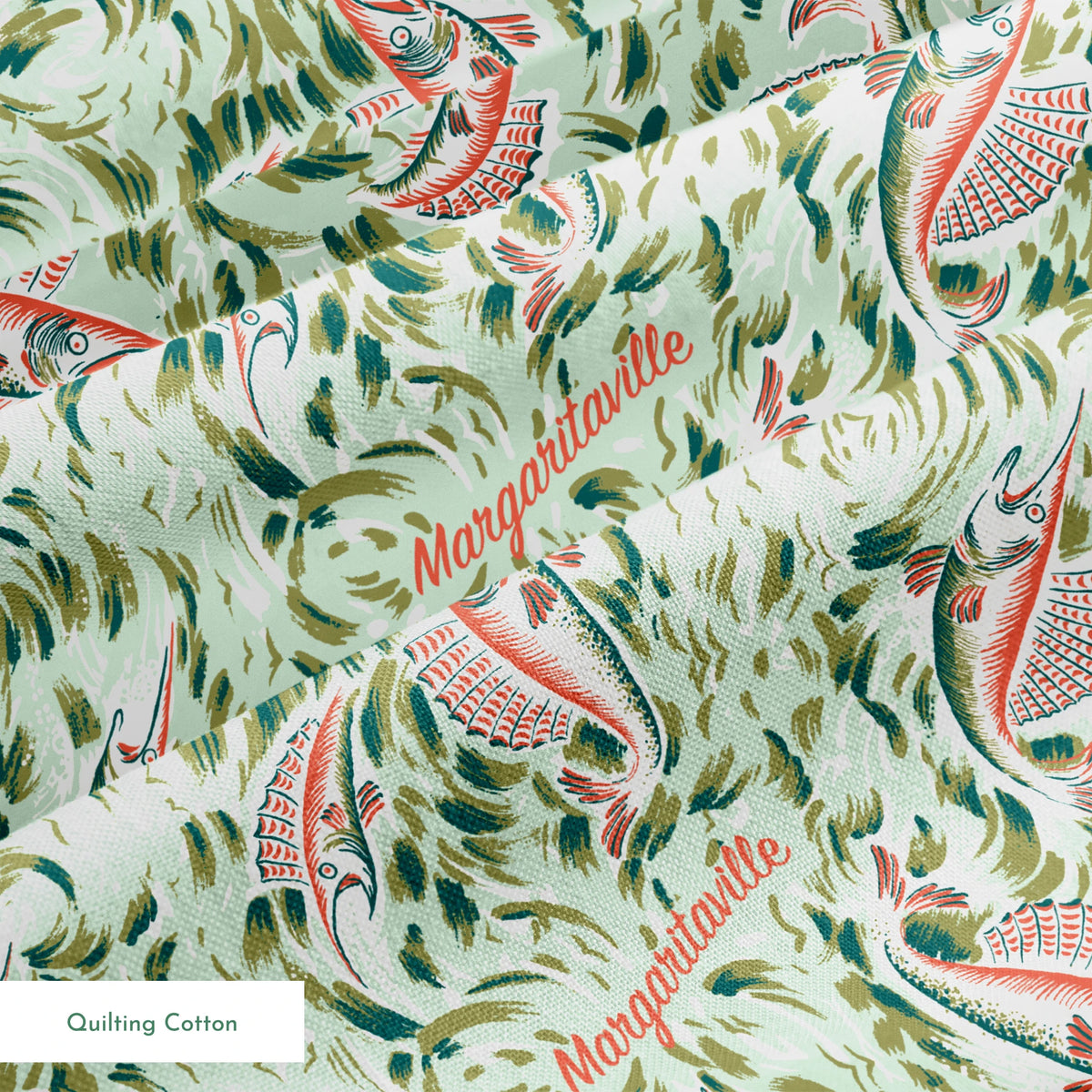 Ornate abstract tropical fish pattern with swirling leaves in vintage Florida style