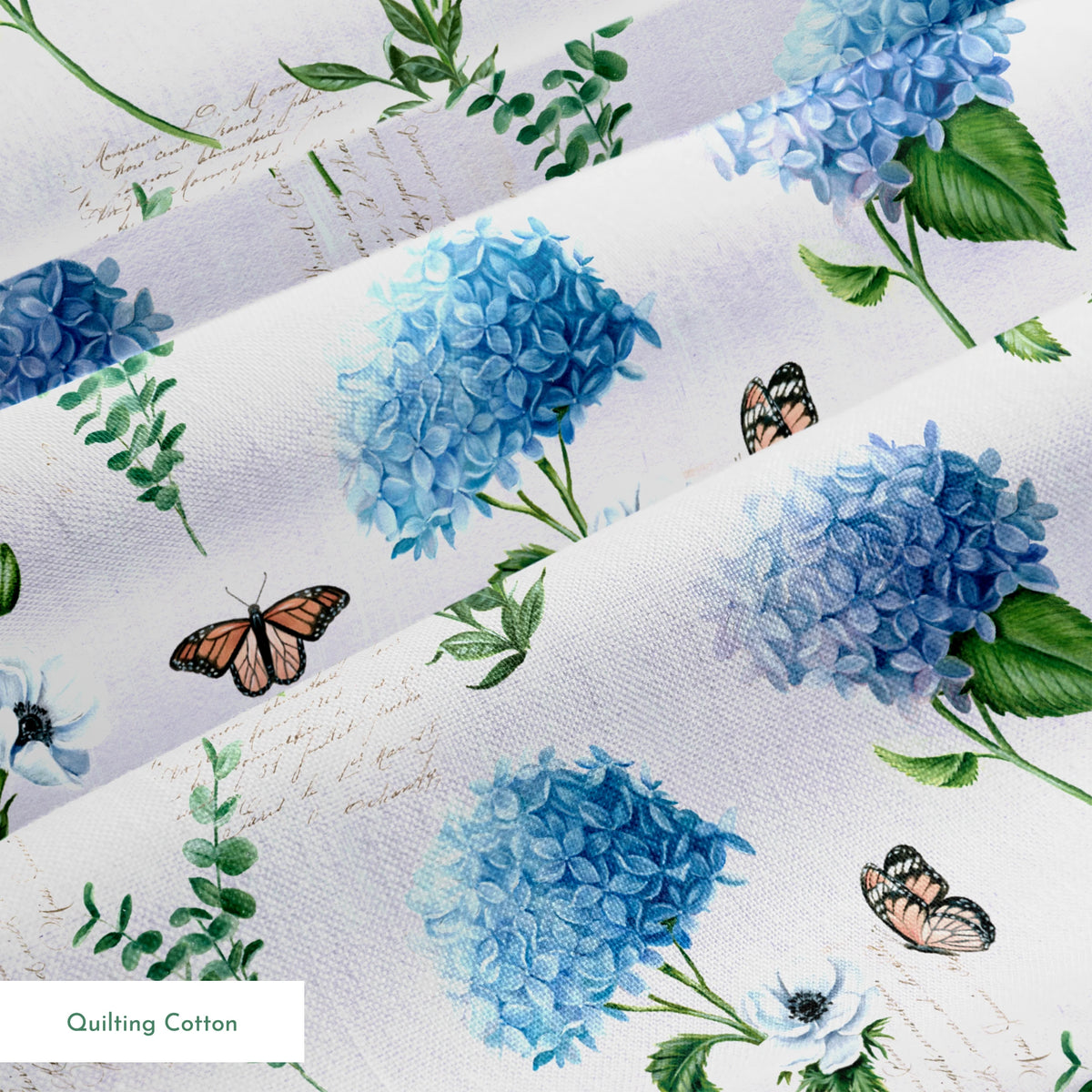 Danielle Murray Hydrangeas and Hummingbirds on Purple Fabric