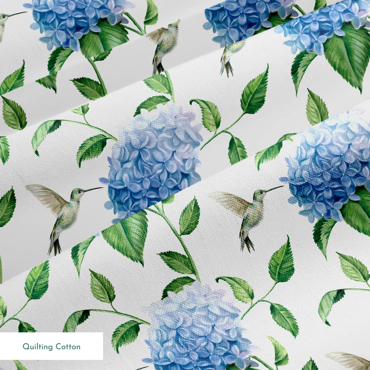 Danielle Murray Hydrangeas and Hummingbirds on White Fabric