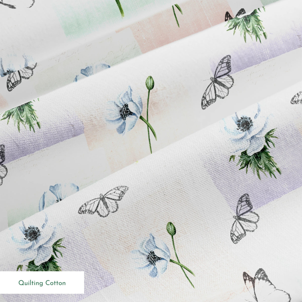 Danielle Murray White Anemones and Butterflies on Pastel Frames Fabric
