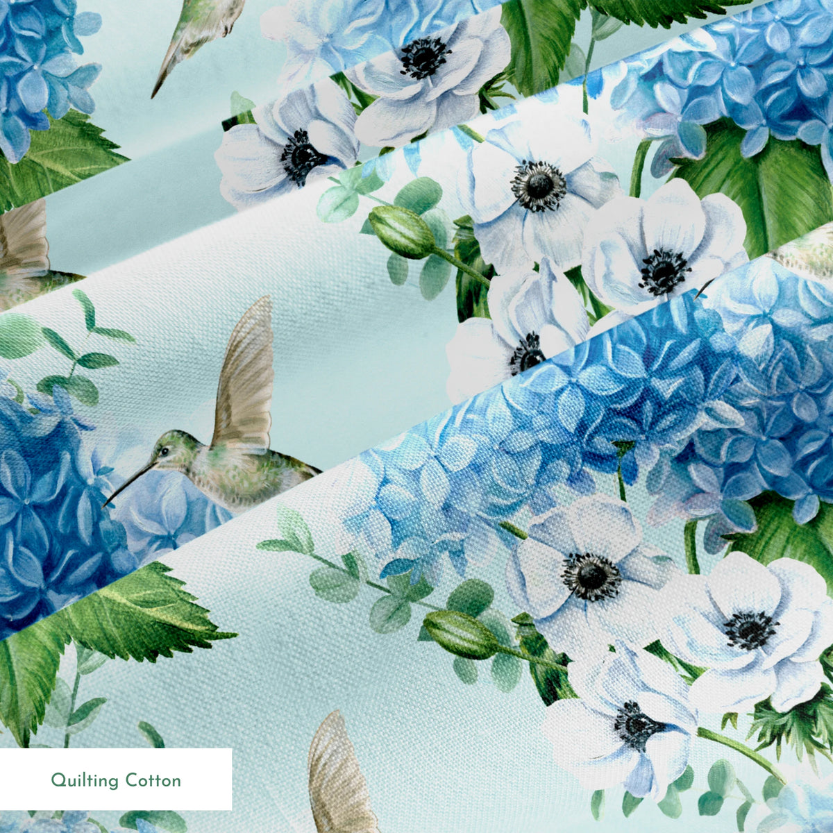 Danielle Murray Hydrangeas and Hummingbirds on Blue Fabric