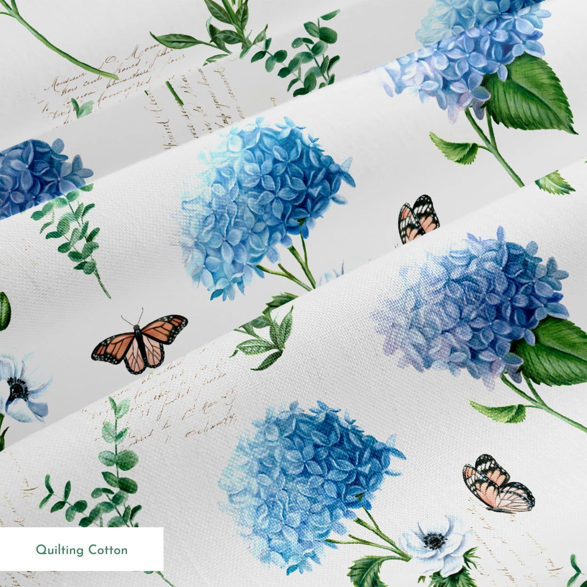 Danielle Murray Blue Florals and Butterflies on White Fabric