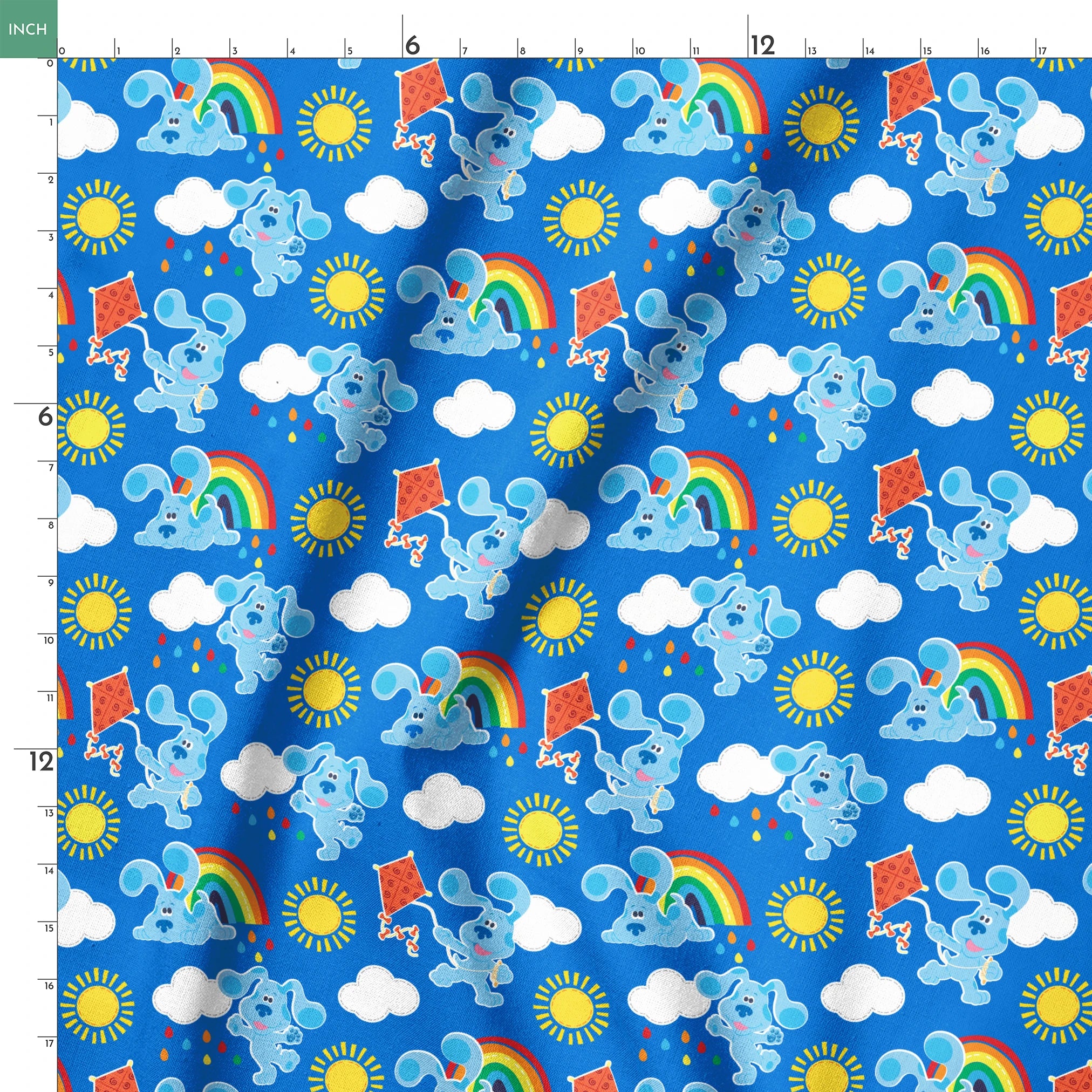 Blue's Clues pattern with cartoon blue dogs, rainbows, suns, clouds, and kites on bright blue background, license, Blues Clues, Entertainment License, Nickolodeon springs ruler 18x18