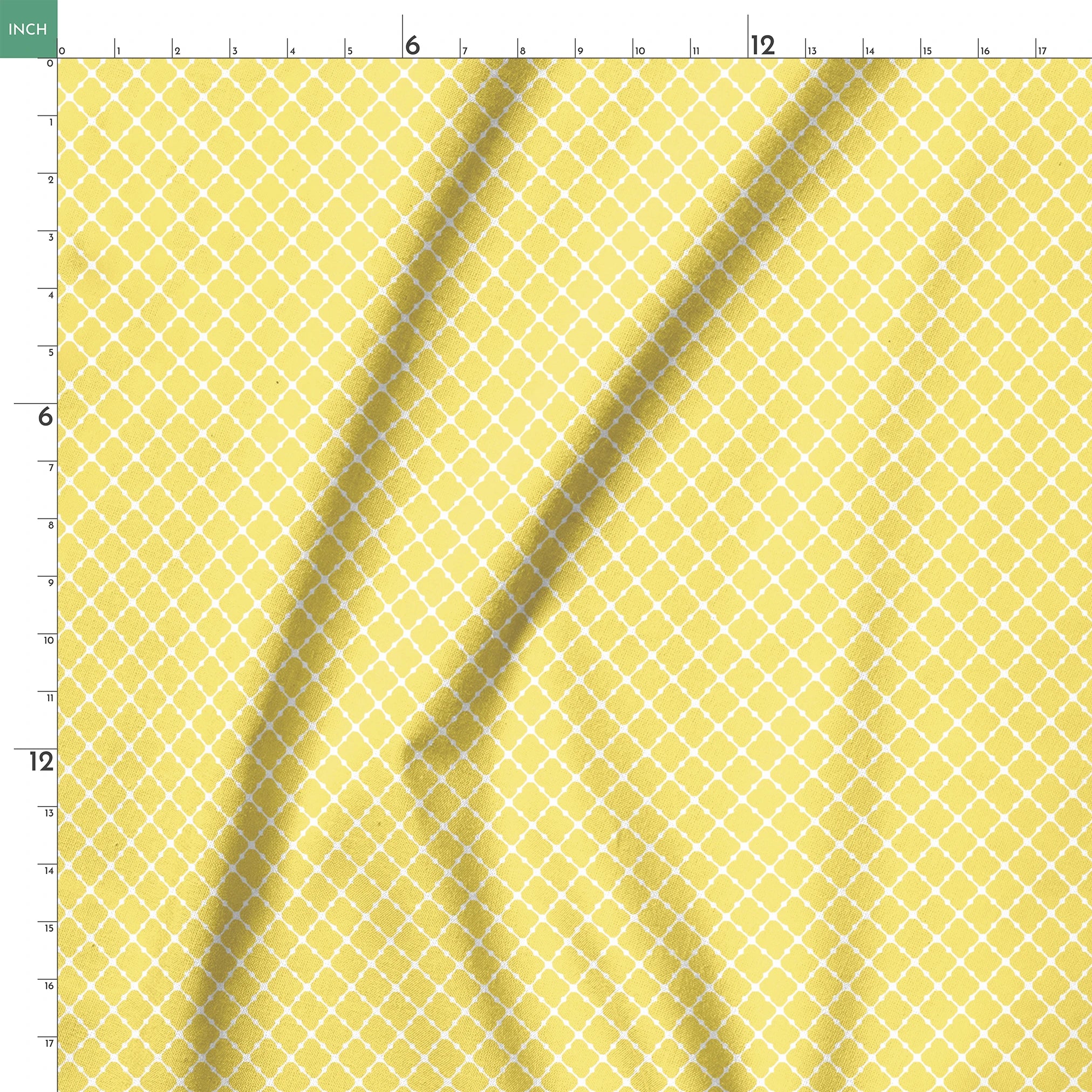 Yellow quatrefoil pattern on white background with Moroccan tile inspired design springs ruler 18x18