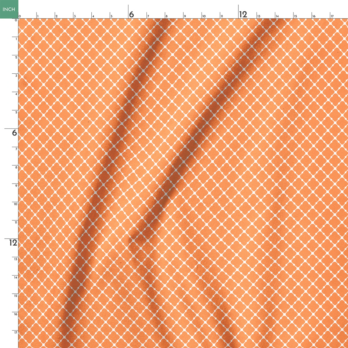 Geometric orange and white pattern with quatrefoil shapes forming a lattice design springs ruler 18x18