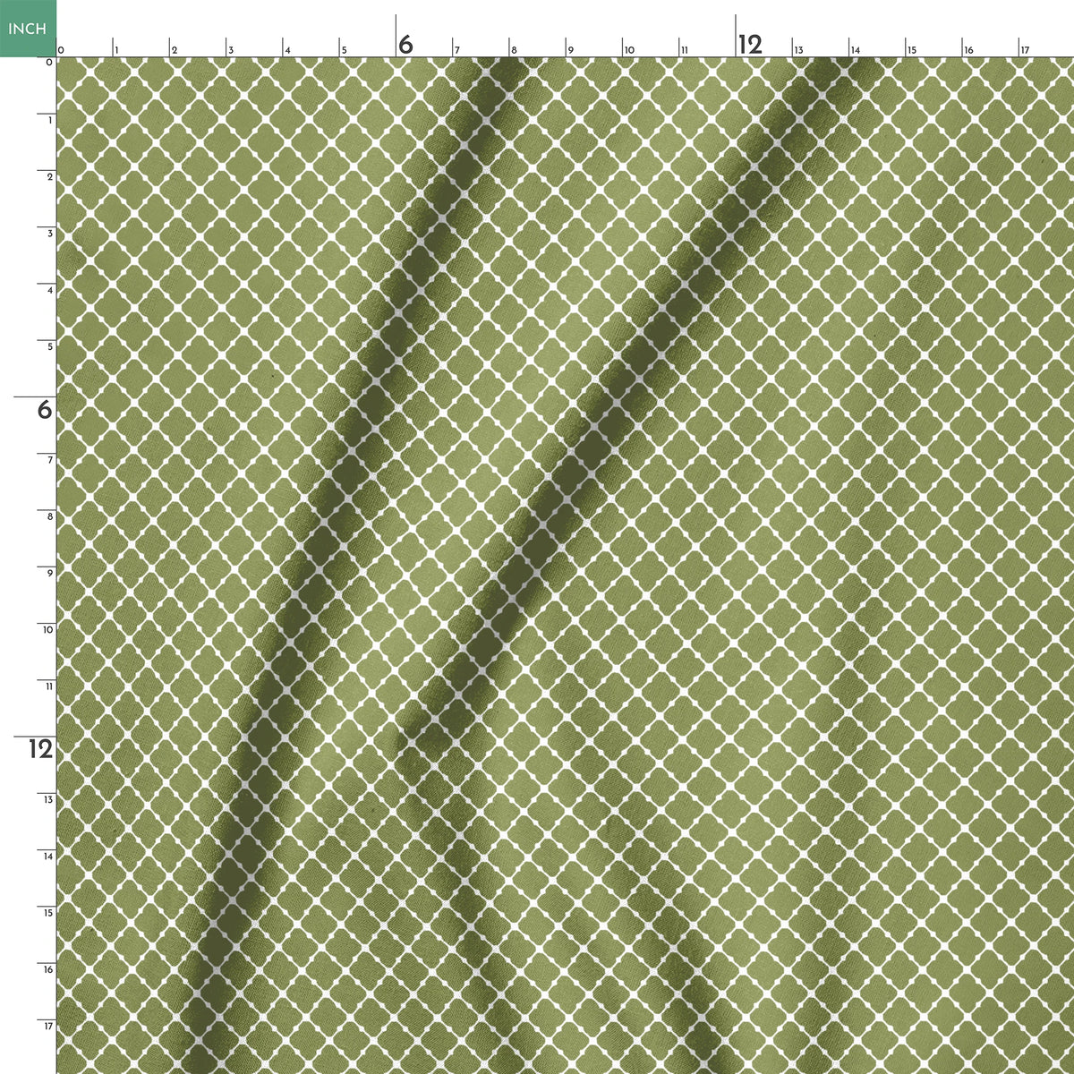 Sage green quatrefoil pattern with white lattice lines forming a Moroccan-style geometric design springs ruler 18x18