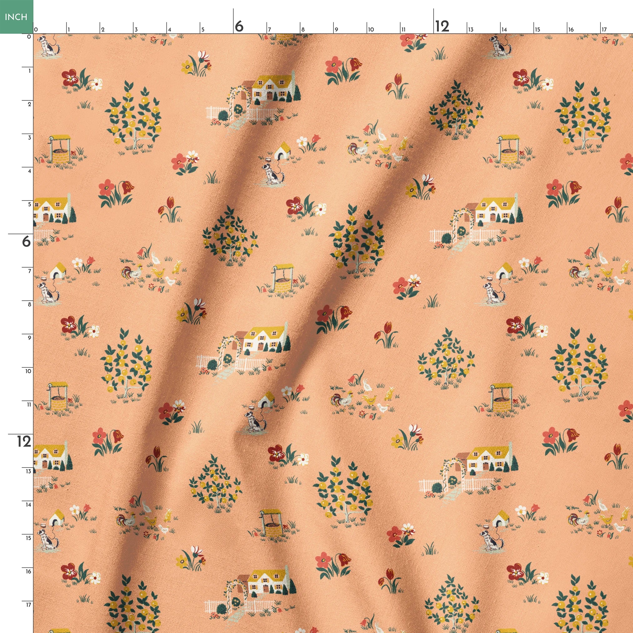 Vintage cottage scene design with houses, flowers, and animals on a peach background from the Springs Archive springs ruler 18x18