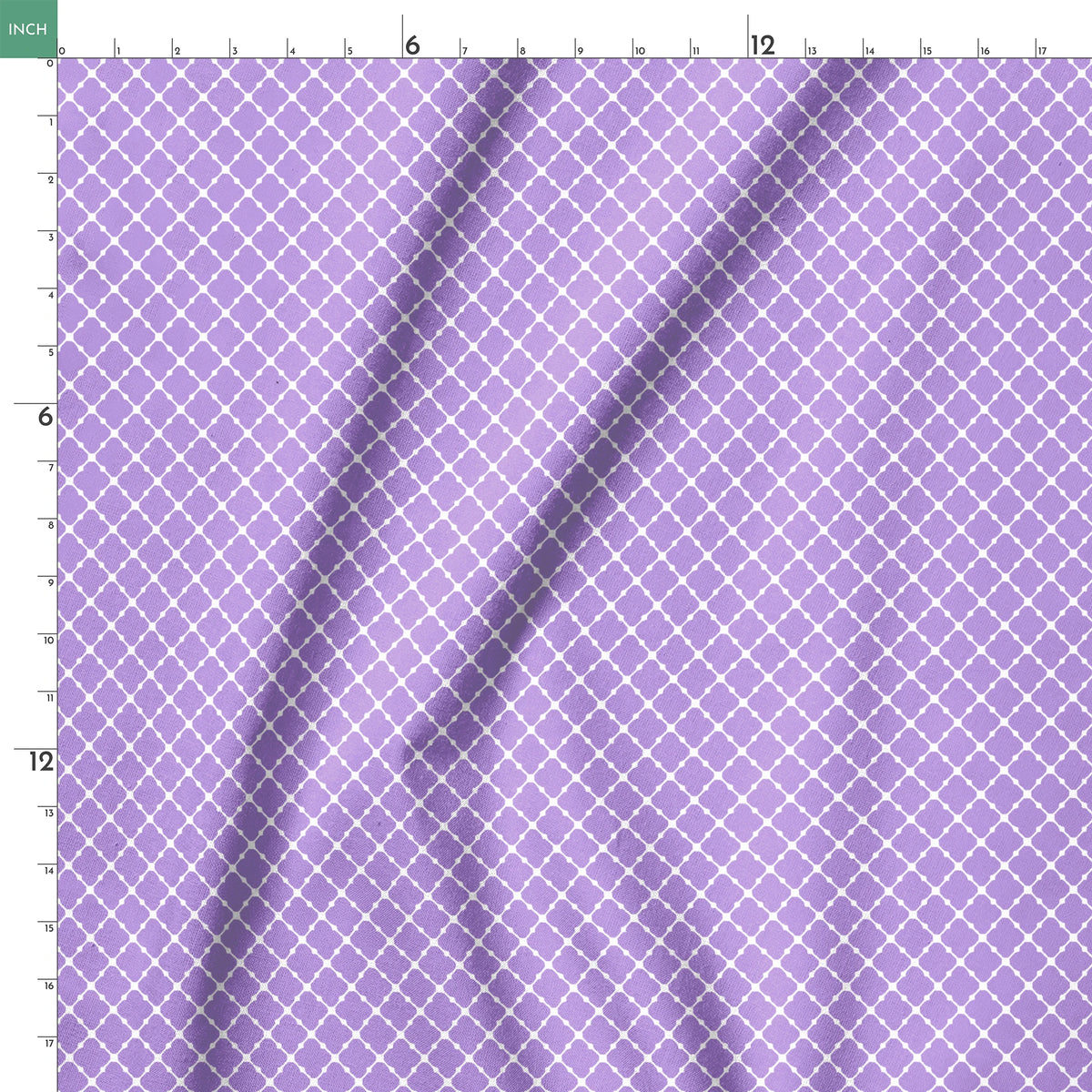 Purple quatrefoil pattern with white lattice grid on lavender background springs ruler 18x18