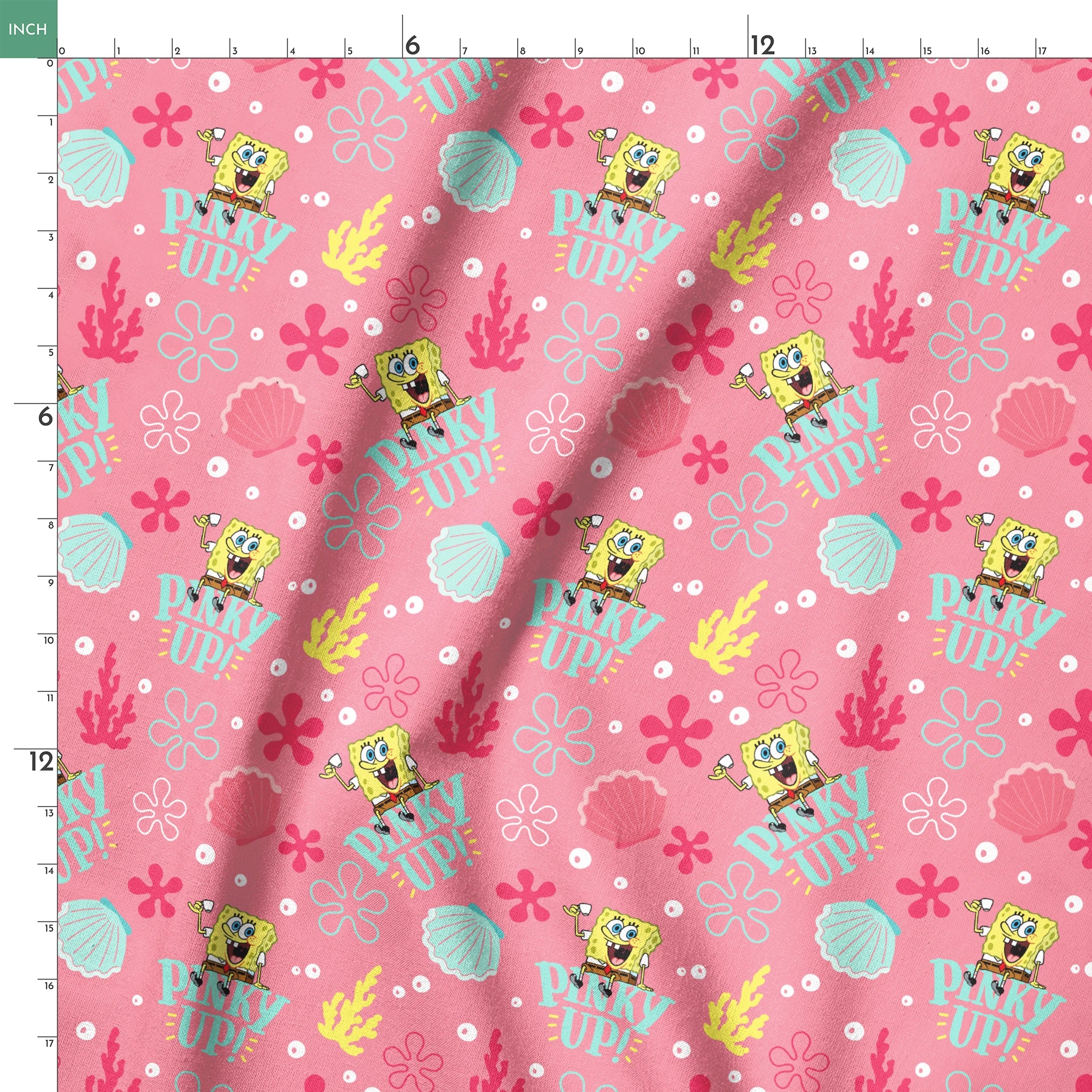 SpongeBob holding a teacup with “Pinky Up!” text, surrounded by sea shells, coral, and flower shapes on a pink background. springs ruler 18x18