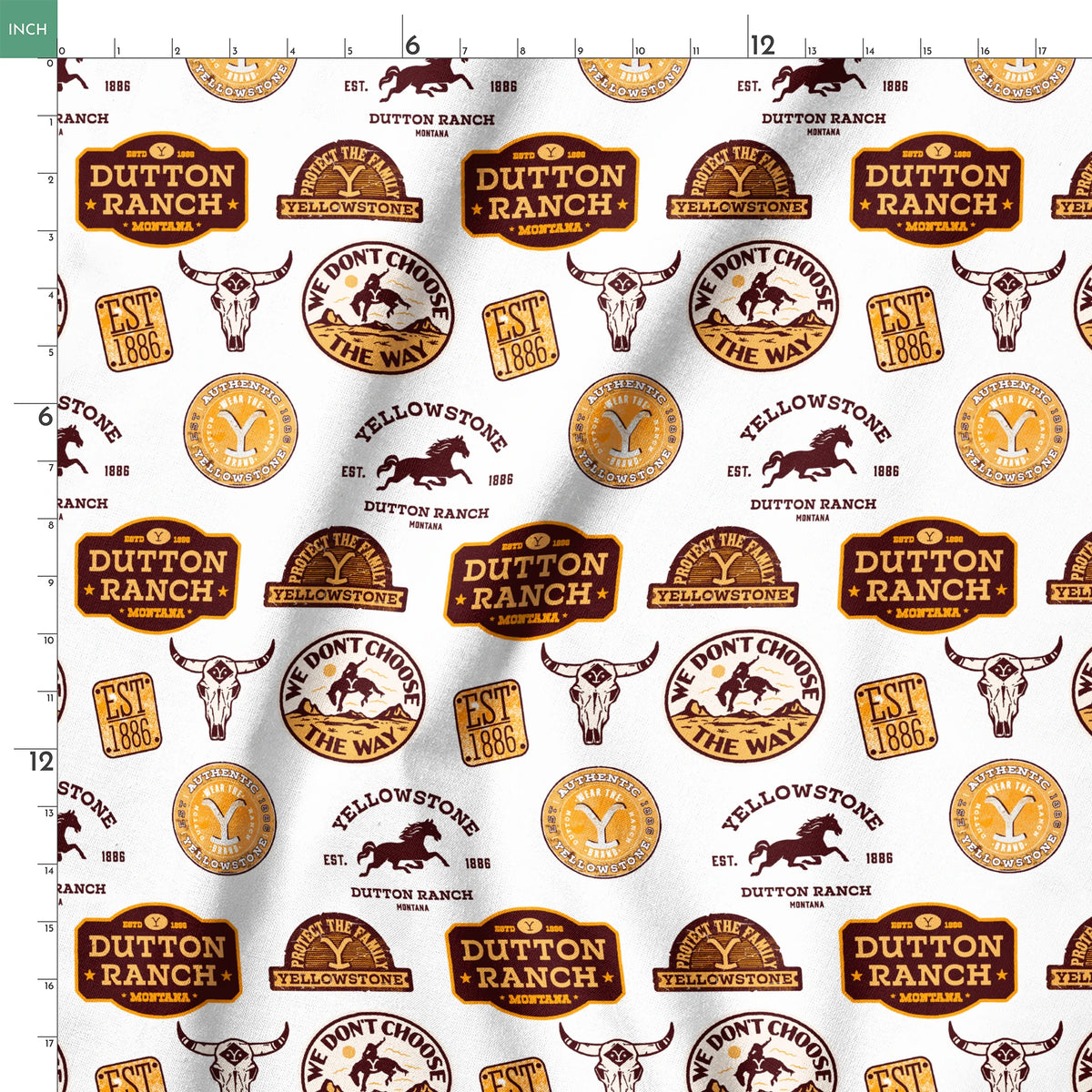 Western patch-style design featuring Dutton Ranch and Yellowstone badges in rustic tones. Great for quilting, crafts, and cowboy-inspired decor. springs ruler 18x18
