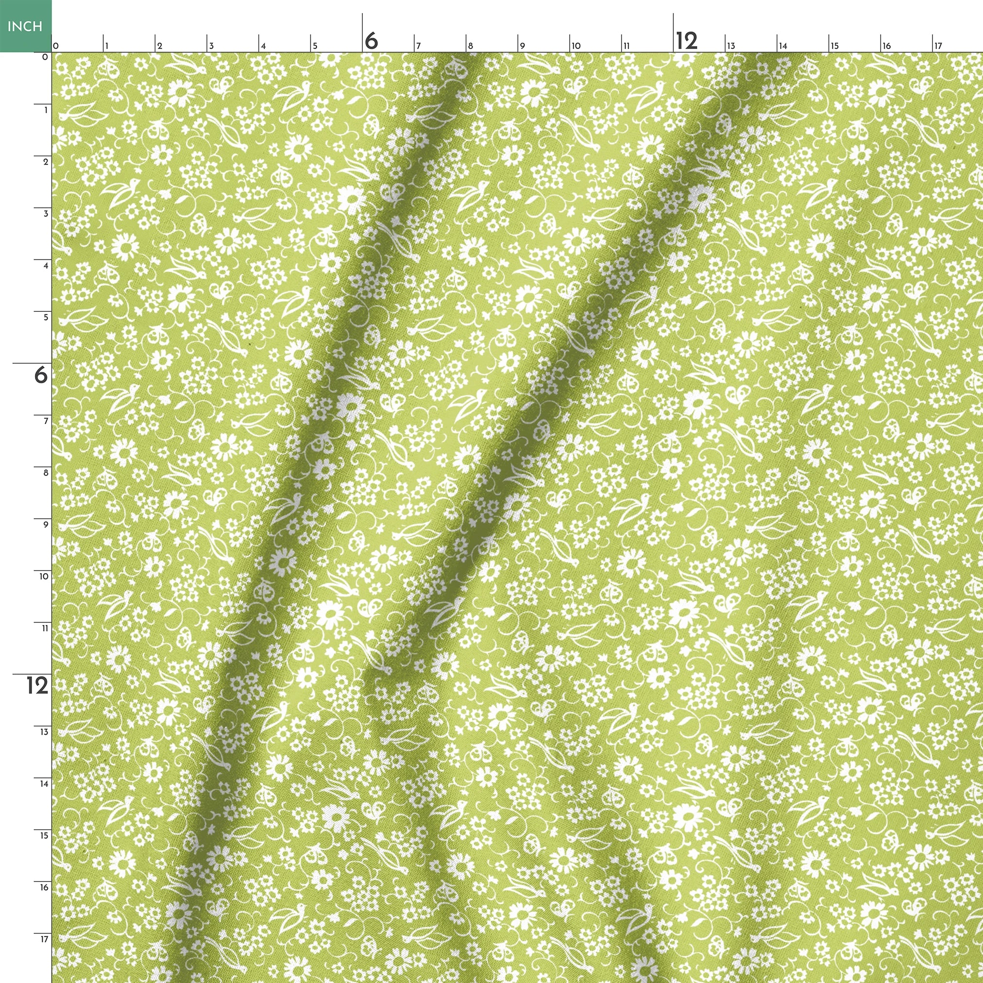 White bird and floral pattern on a vibrant lime green background. springs ruler 18x18
