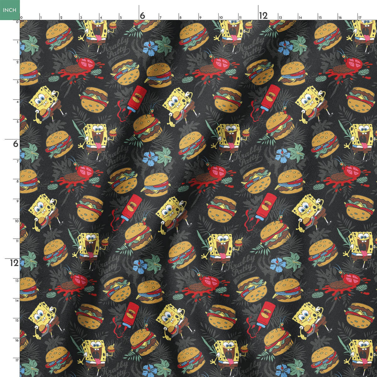 SpongeBob, Plankton, and Krabby Patties with tropical leaves and flowers on a black background in a bold character-themed design. springs ruler 18x18