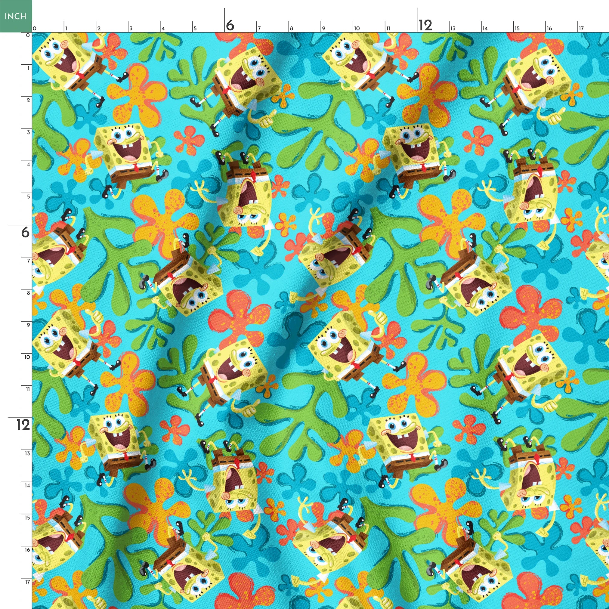 SpongeBob SquarePants pattern with colorful orange and blue flowers on turquoise background springs ruler 18x18