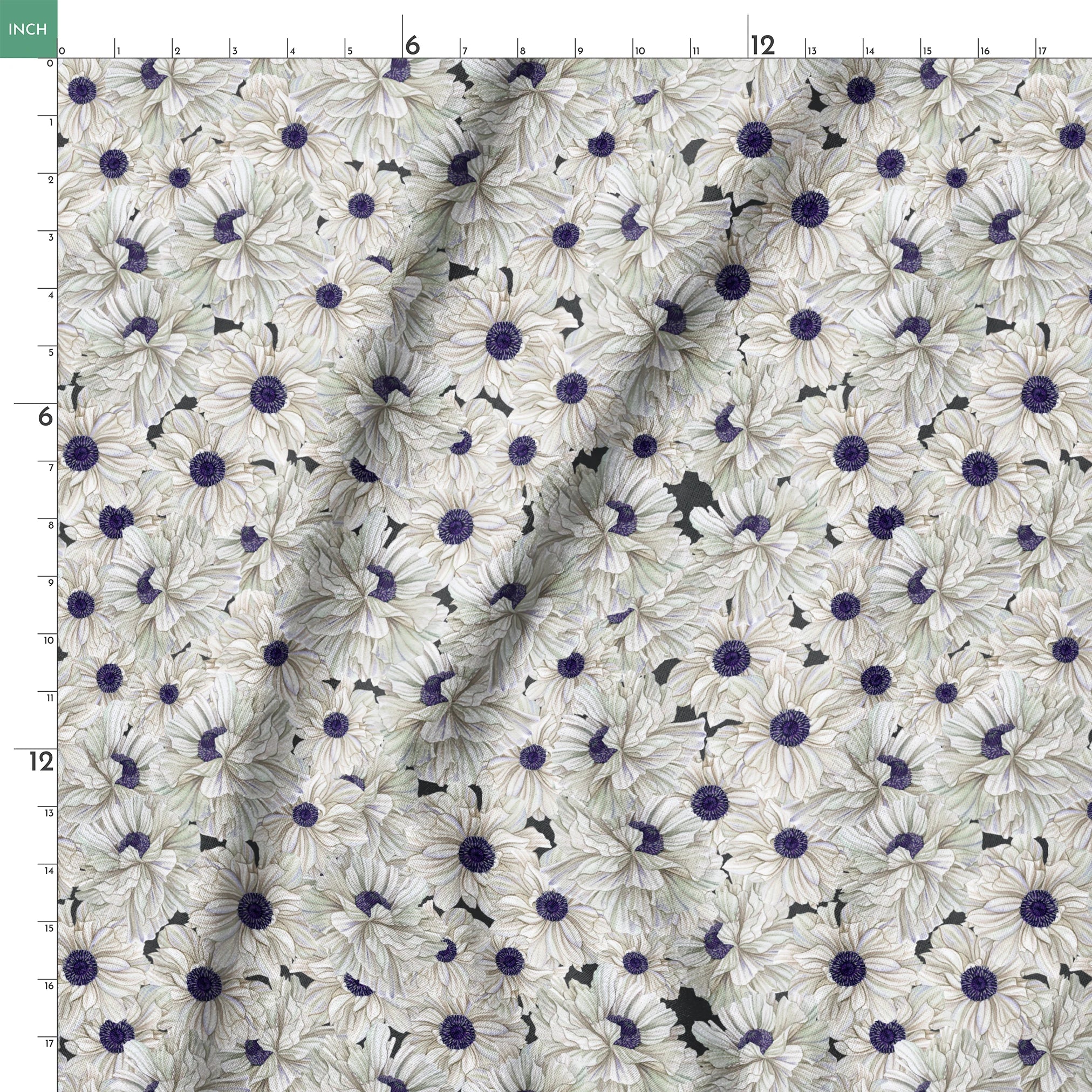 Ivory and indigo packed floral pattern with detailed petal textures and clustered blooms. springs ruler 18x18