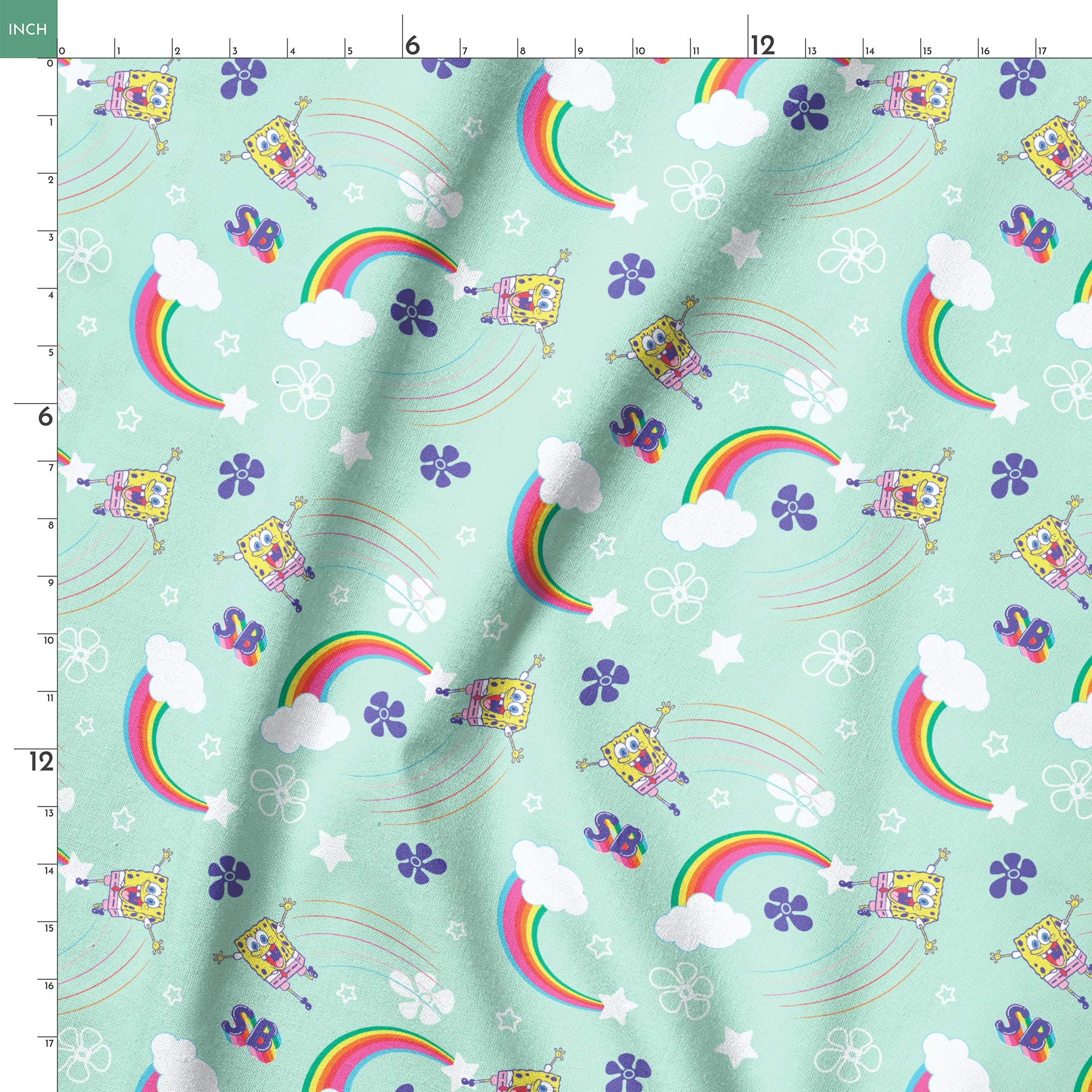 SpongeBob flying over rainbows with clouds, stars, and floral icons on a mint green background in a cheerful cartoon-style Nickelodeon design springs ruler 18x18
