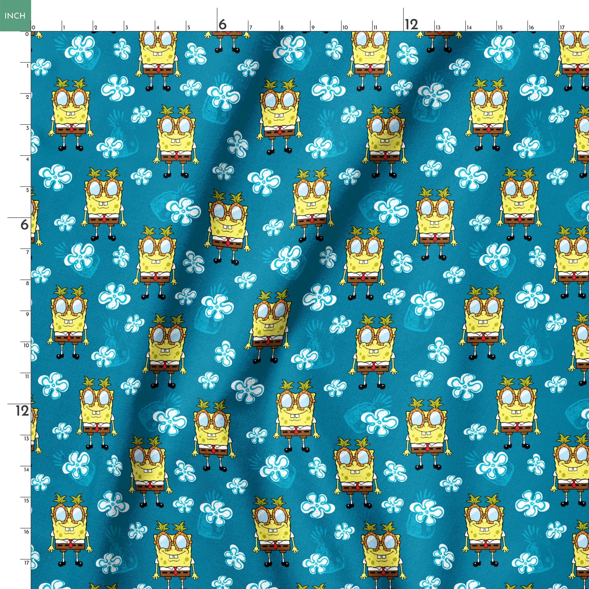 Yellow cartoon character with glasses on teal background with white flower pattern, repeating design springs ruler 18x18