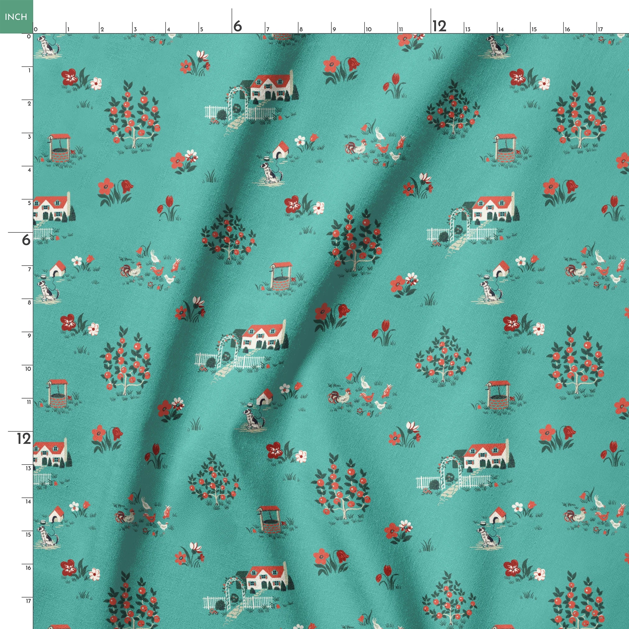 Teal background fabric with vintage cottages, flowers, chickens, and wells in a scattered countryside layout. springs ruler 18x18