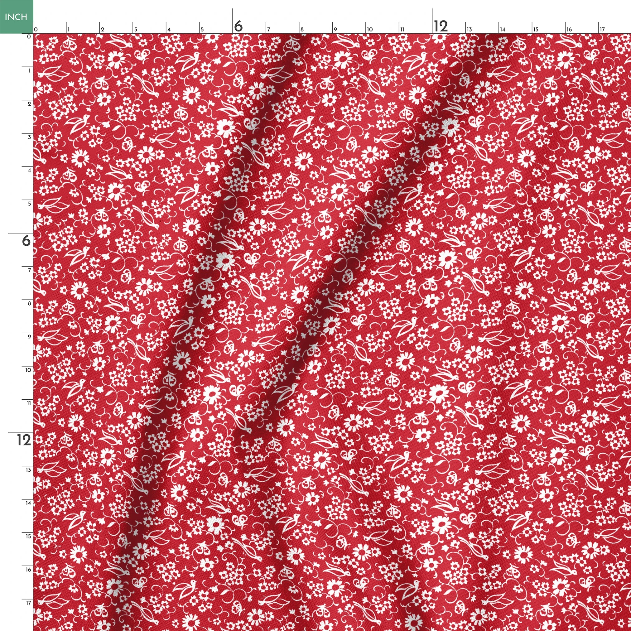 White floral and bird silhouette pattern on a bright red background. springs ruler 18x18