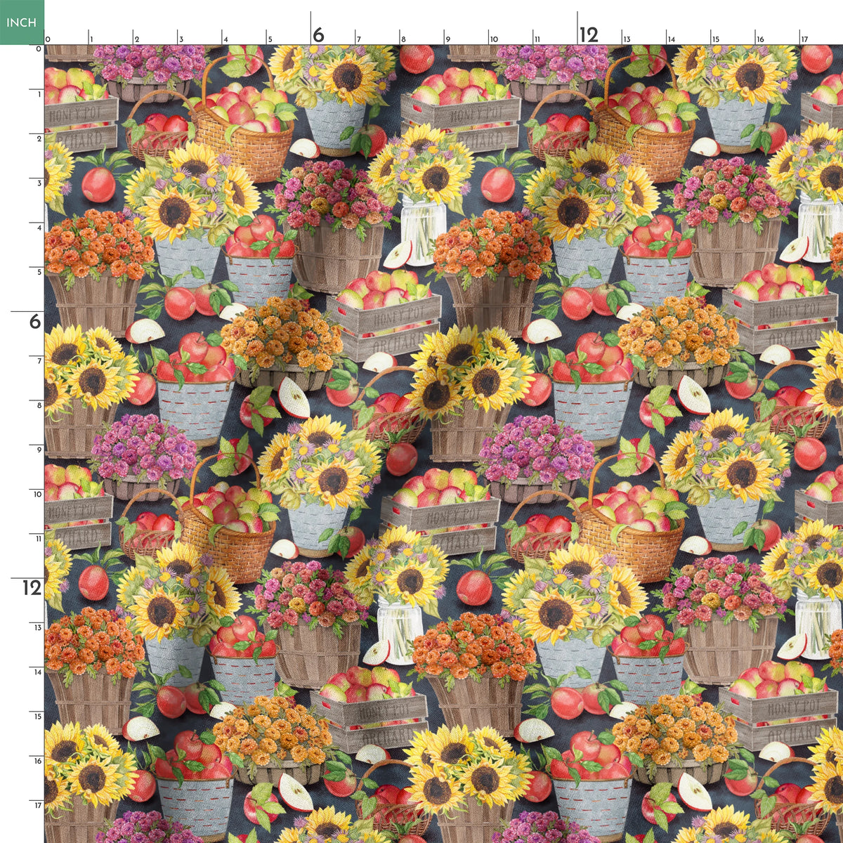 Baskets filled with sunflowers, mums, and apples in a colorful autumn harvest design by Nicole Tamarin. springs ruler 18x18