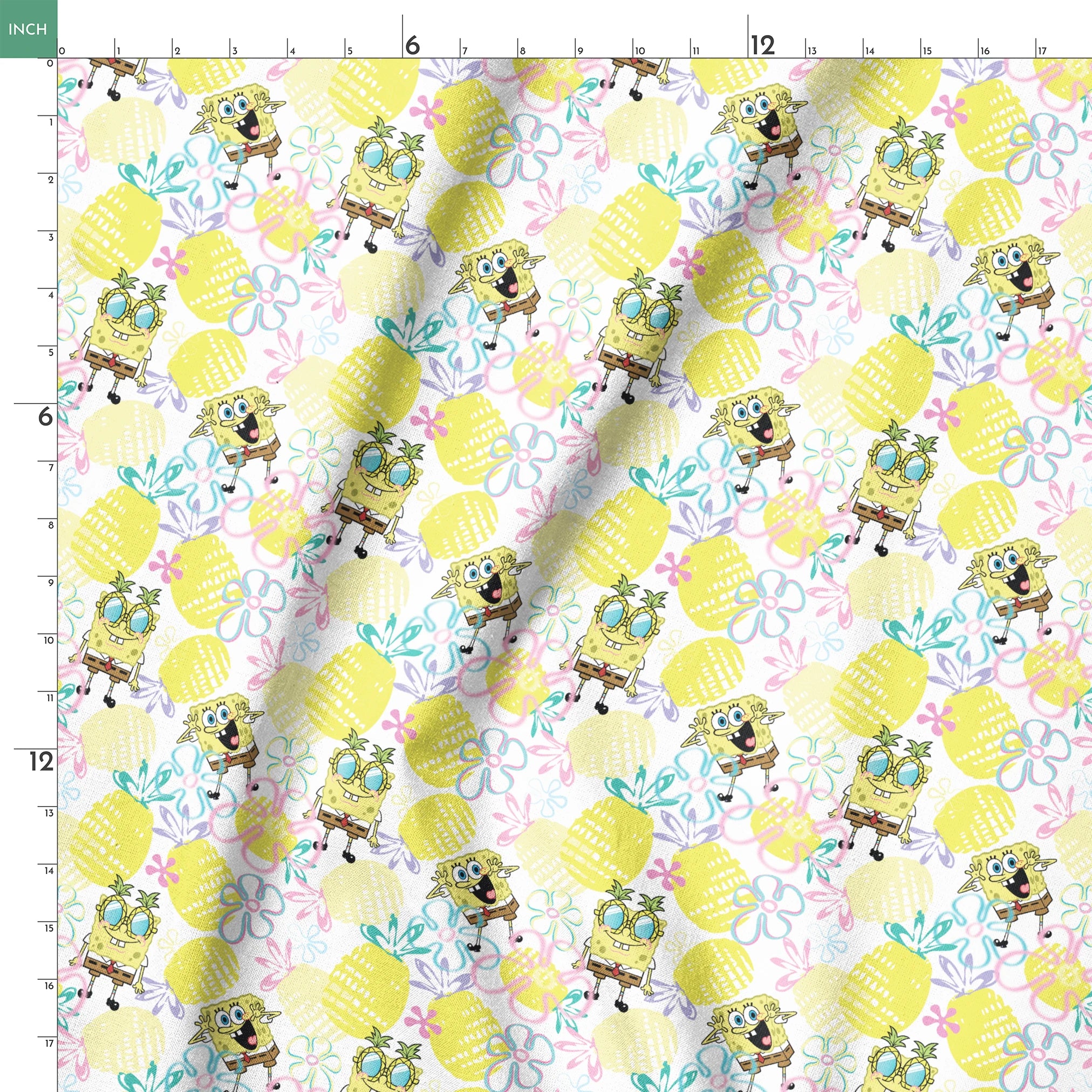 SpongeBob wearing pineapple glasses surrounded by yellow pineapples and pastel floral sketches on a white background in a playful Nickelodeon design. springs ruler 18x18