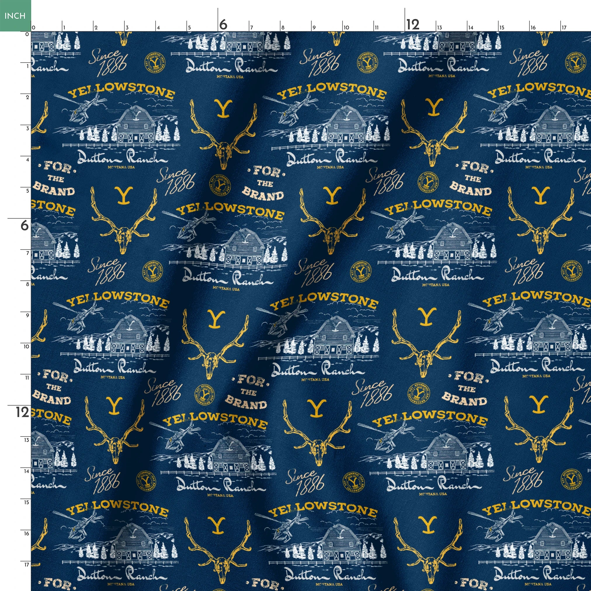 Yellowstone-themed pattern with Dutton Ranch logos, deer antlers, and "Y" branding on navy blue background springs ruler 18x18