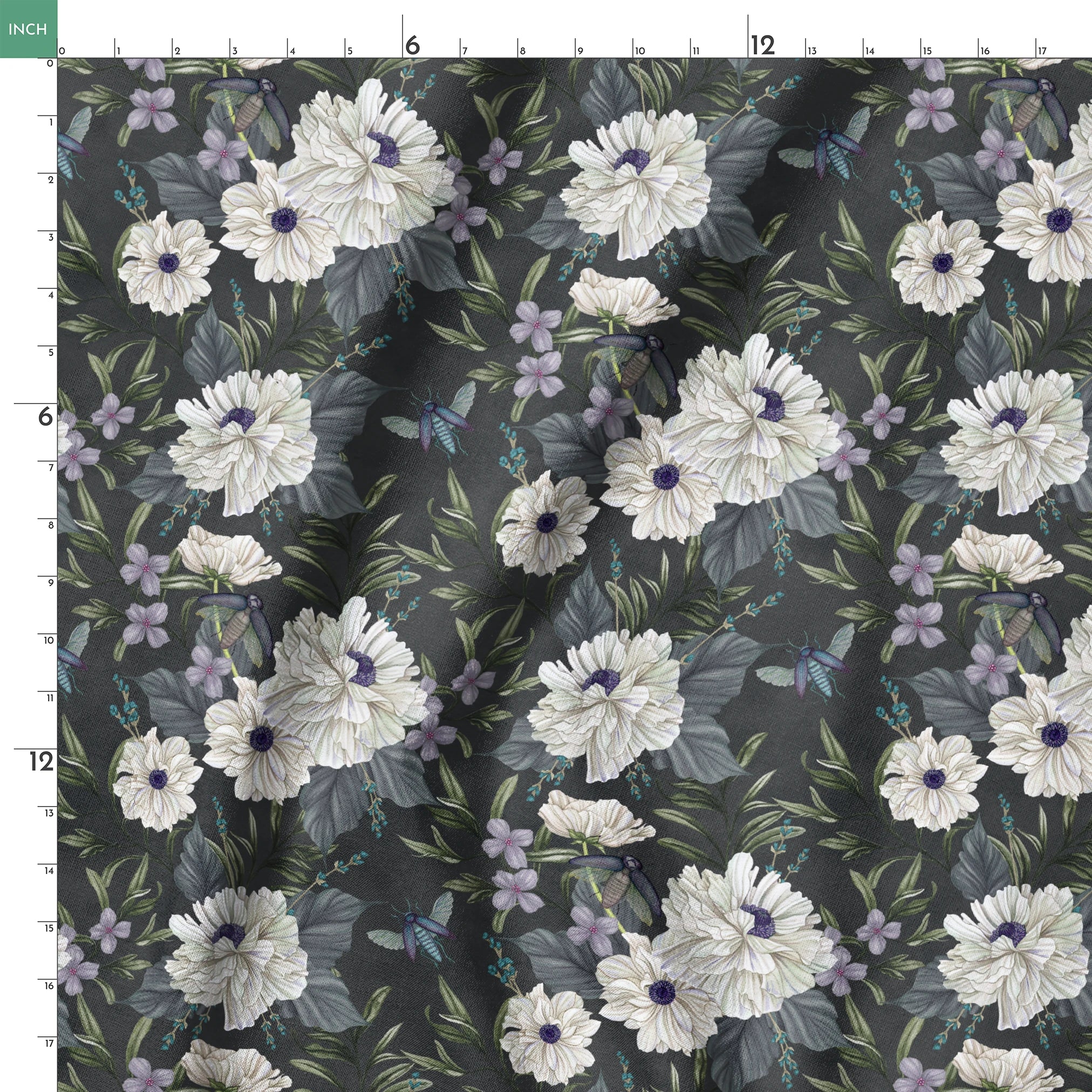 Ivory flowers with purple centers, beetles, and greenery illustrated on a dark charcoal background in a floral pattern by Nicole Tamarin. springs ruler 18x18
