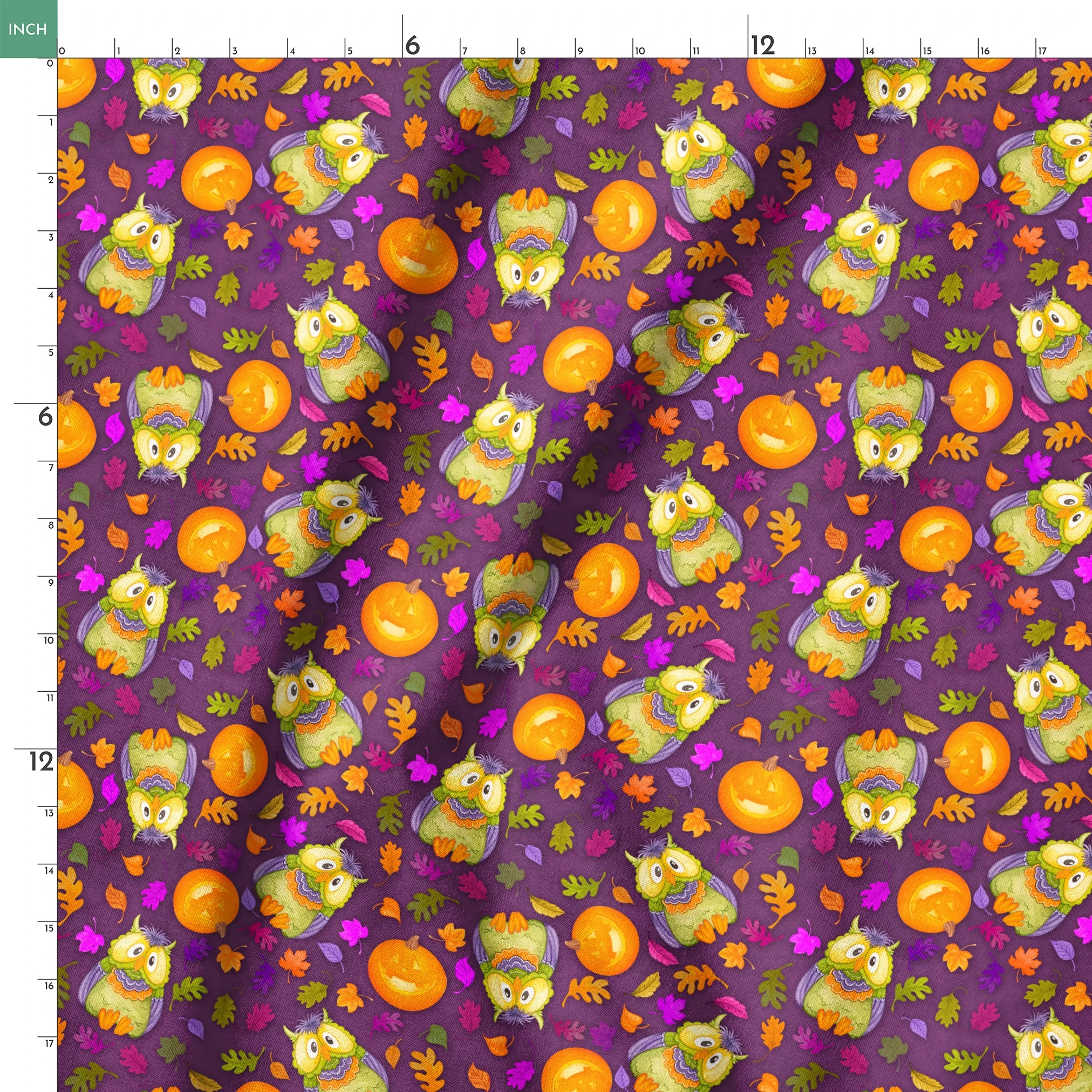 Halloween fabric by Nicole Tamarin featuring cartoon owls in costume, jack-o’-lanterns, and colorful fall leaves on a purple background. springs ruler 18x18