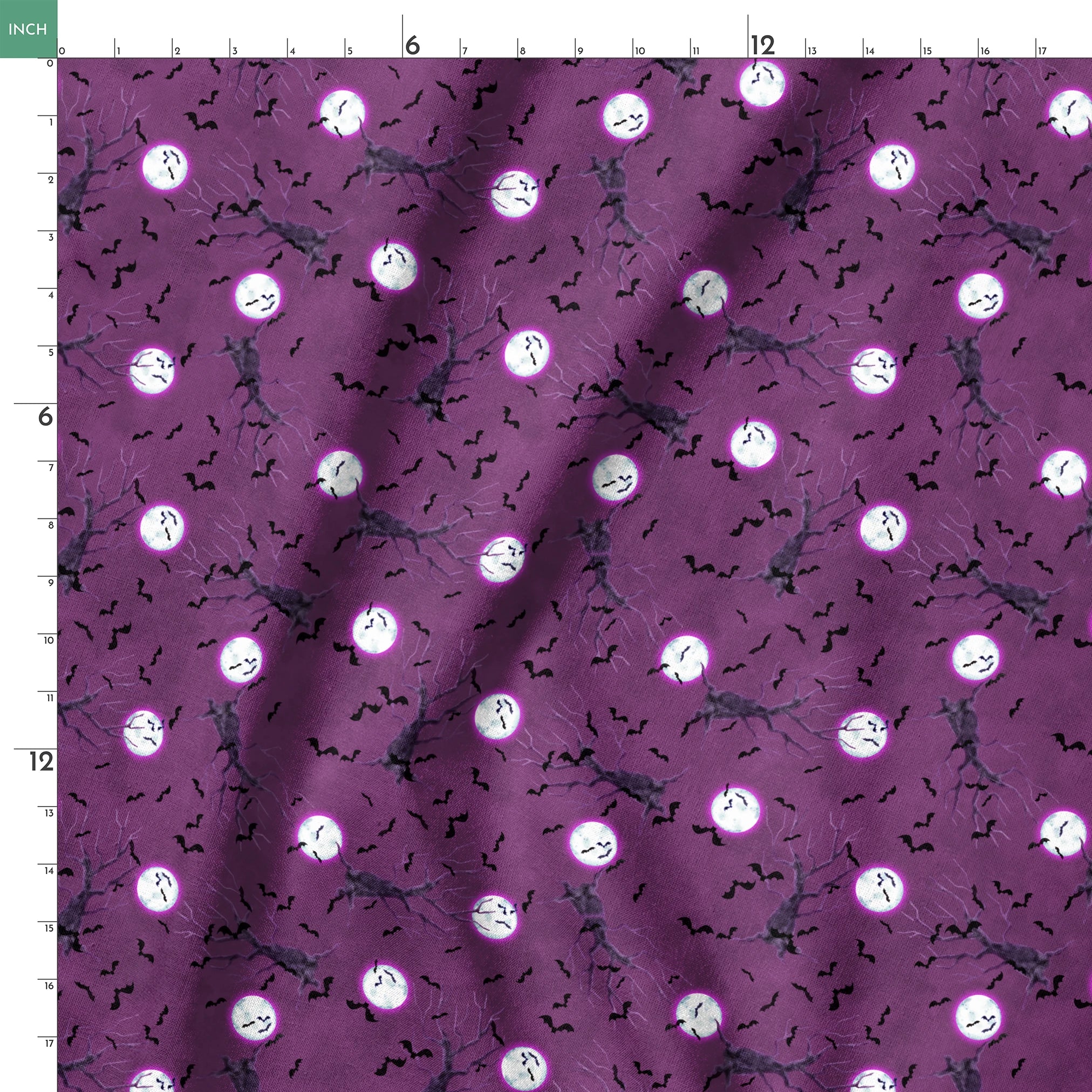 Halloween fabric design with spooky trees, bats, and glowing full moons on a purple background, illustrated by Nicole Tamarin. springs ruler 18x18