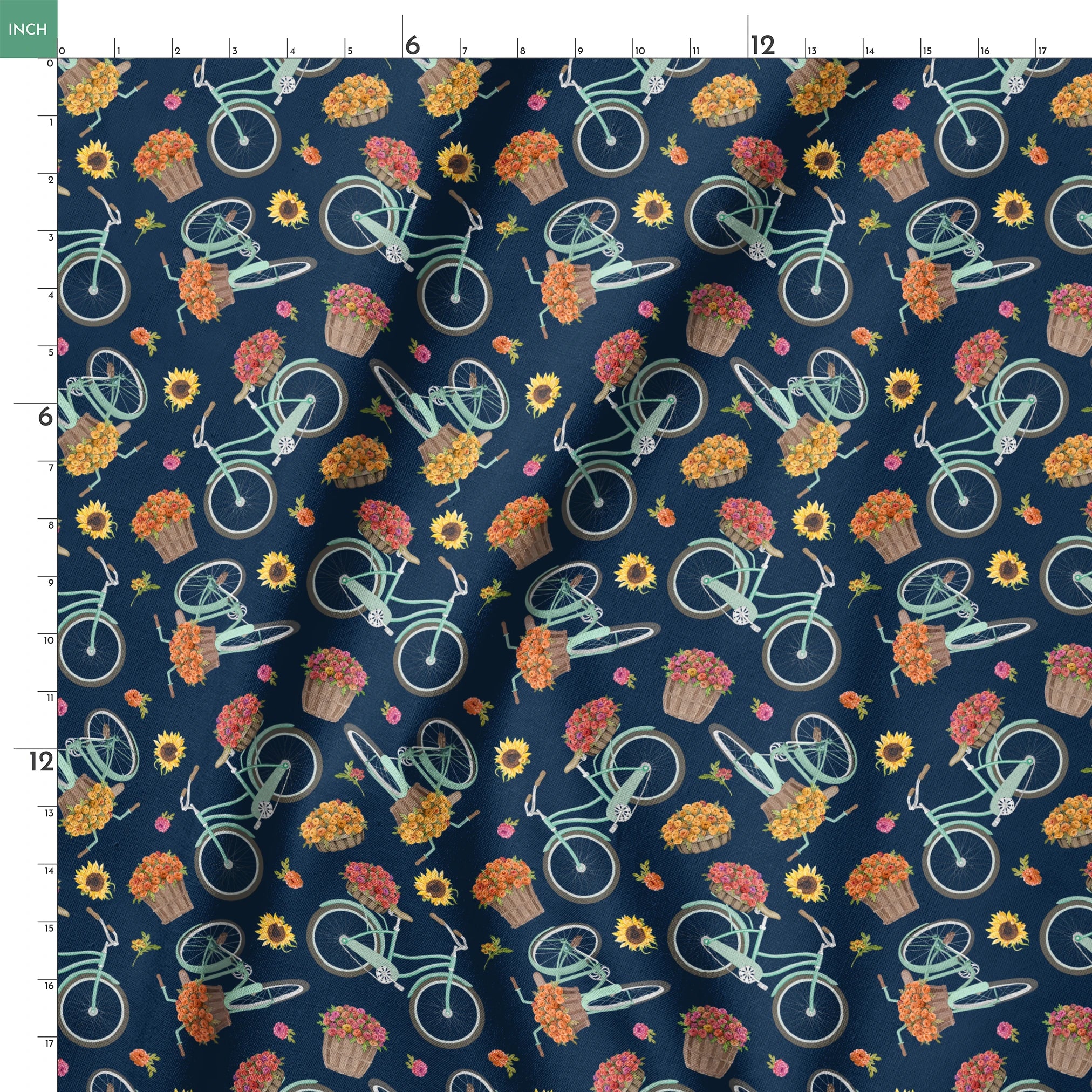 Teal vintage bikes with baskets of fall flowers on a navy background, inspired by cozy fall market scenes. springs ruler 18x18