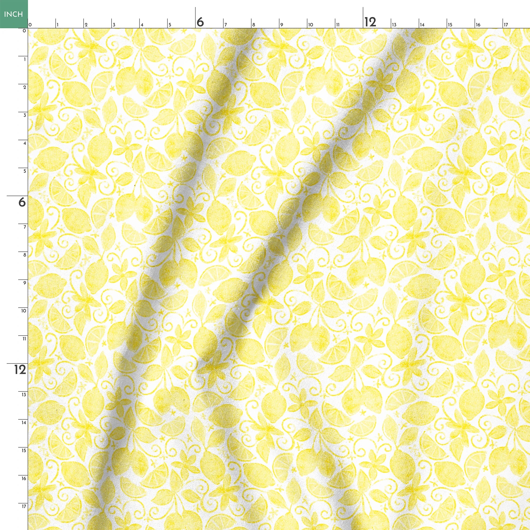Yellow lemon pattern by Nicole Tamarin with sliced lemons, leaves, and swirls on a white background springs ruler 18x18